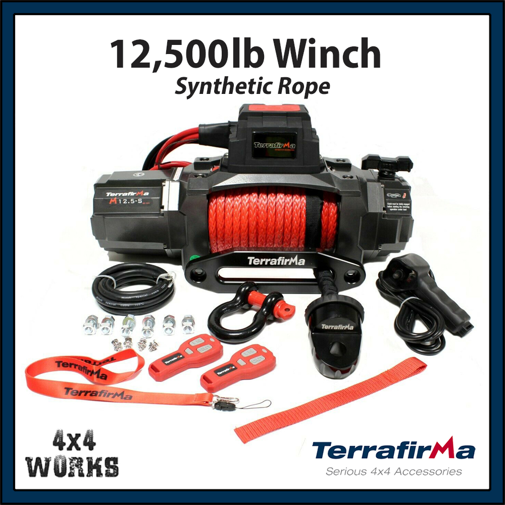 Terrafirma 12,500lb Electric Winch Kit with Synthetic Rope Fairlead Remote Control